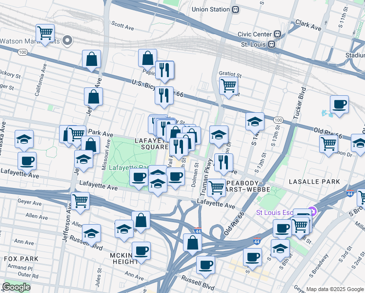 map of restaurants, bars, coffee shops, grocery stores, and more near 1812 Rutger Street in St. Louis