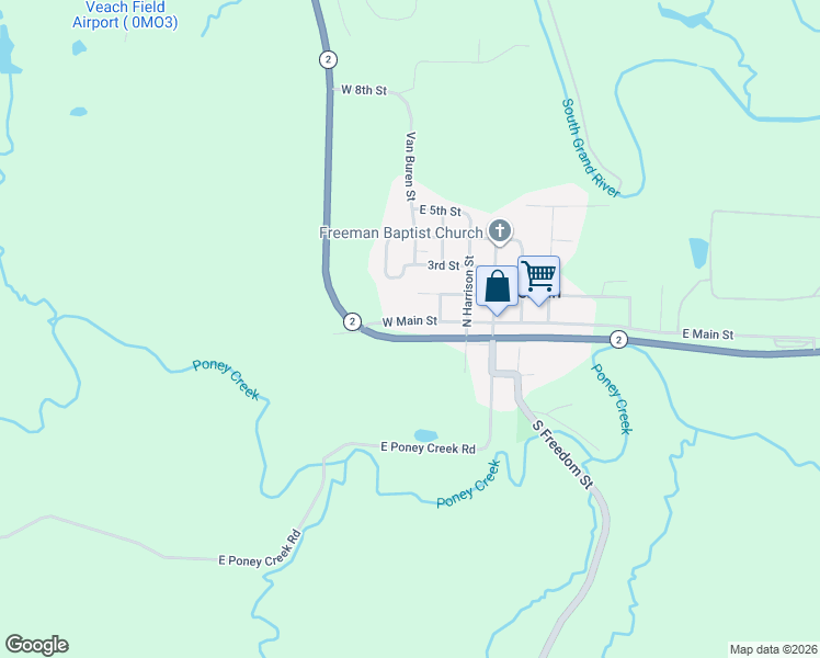 map of restaurants, bars, coffee shops, grocery stores, and more near 405 West Main Street in Freeman