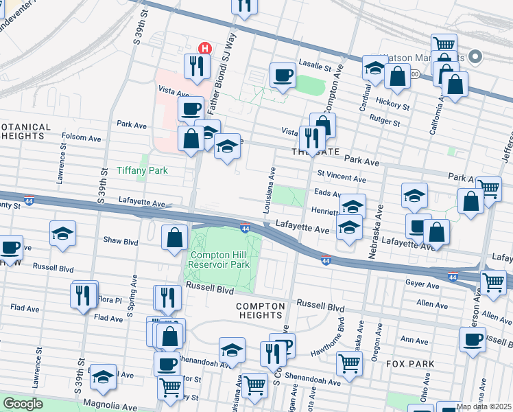 map of restaurants, bars, coffee shops, grocery stores, and more near 3400 Henrietta Street in St. Louis