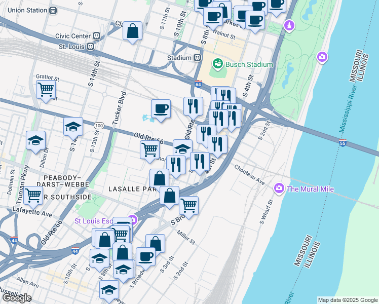 map of restaurants, bars, coffee shops, grocery stores, and more near 614 Chouteau Avenue in St. Louis