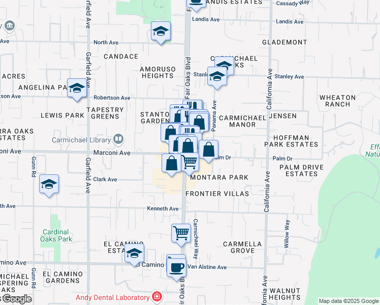 map of restaurants, bars, coffee shops, grocery stores, and more near 6404 Fair Oaks Boulevard in Carmichael