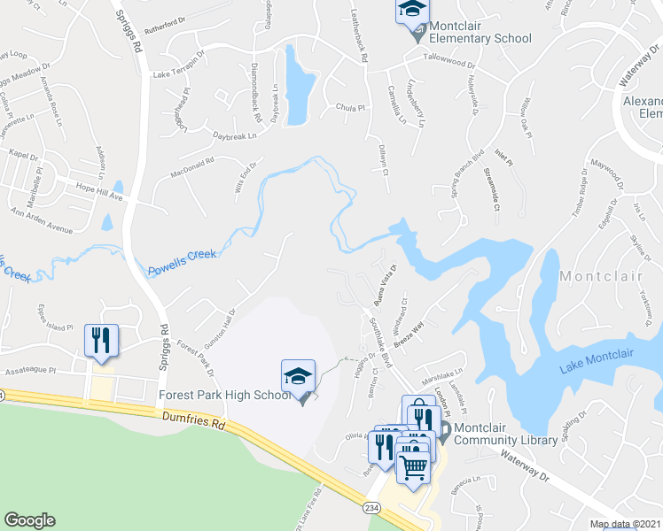 map of restaurants, bars, coffee shops, grocery stores, and more near 15557 Winding Creek Drive in Dumfries