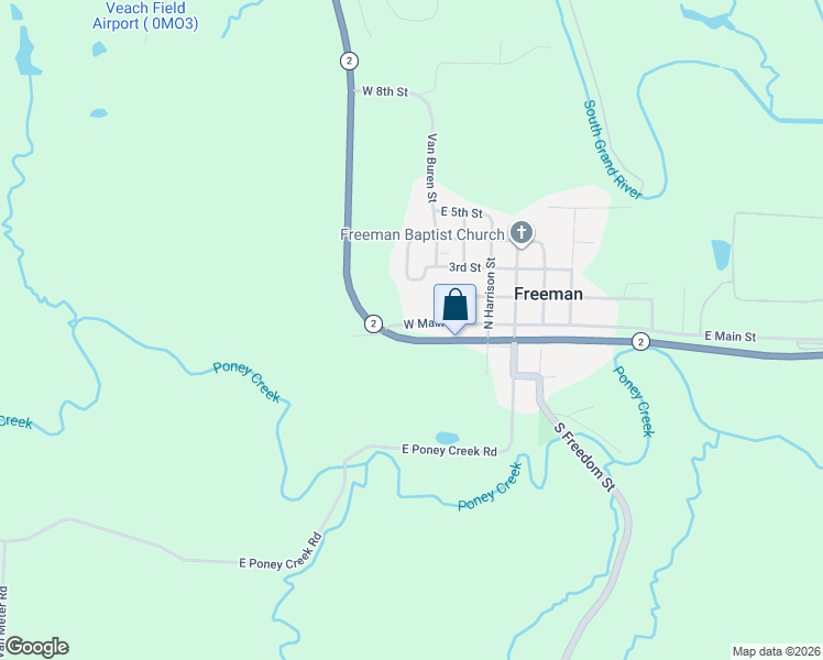 map of restaurants, bars, coffee shops, grocery stores, and more near 405 West Main Street in Freeman