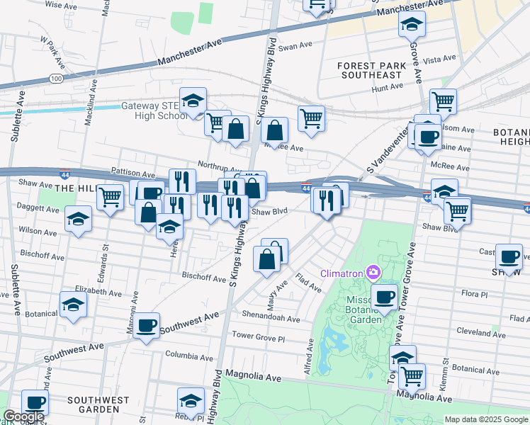 map of restaurants, bars, coffee shops, grocery stores, and more near 4673 Shaw Boulevard in St. Louis