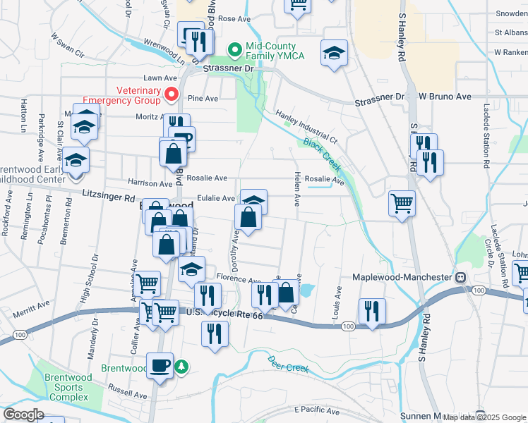 map of restaurants, bars, coffee shops, grocery stores, and more near 8645 Litzsinger Road in Brentwood