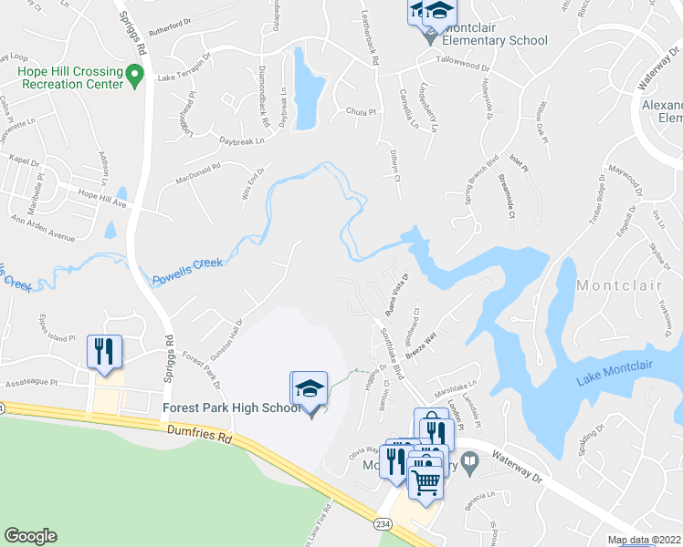 map of restaurants, bars, coffee shops, grocery stores, and more near 15557 Winding Creek Drive in Dumfries
