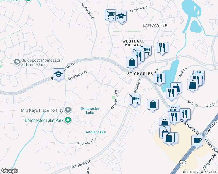 map of restaurants, bars, coffee shops, grocery stores, and more near 5602 Grouper Court in Waldorf