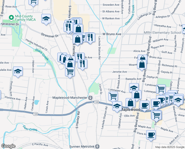 map of restaurants, bars, coffee shops, grocery stores, and more near 7842 Laclede Forest Drive in Maplewood