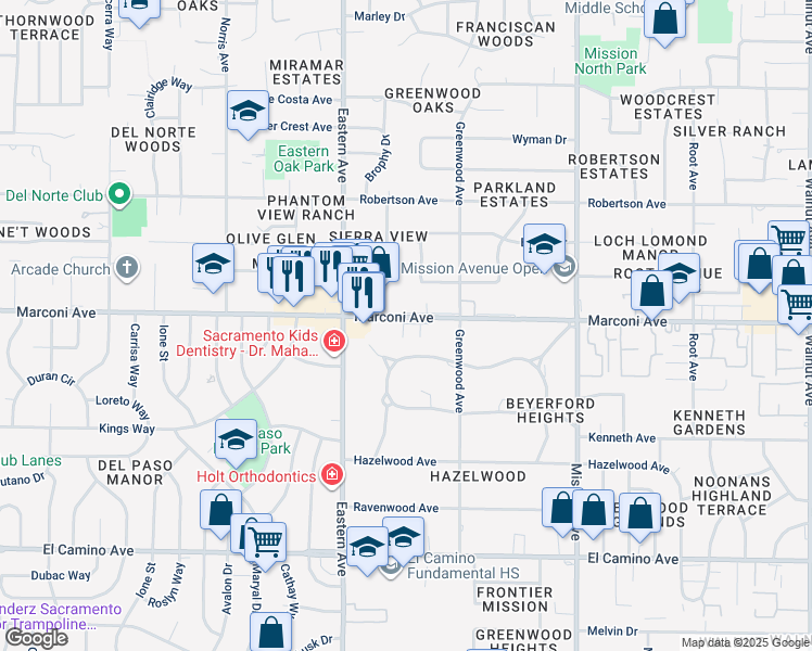 map of restaurants, bars, coffee shops, grocery stores, and more near 4400 Marconi Avenue in Sacramento