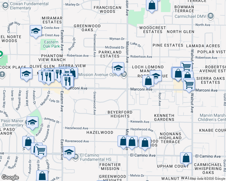 map of restaurants, bars, coffee shops, grocery stores, and more near 4600 Marconi Avenue in Sacramento