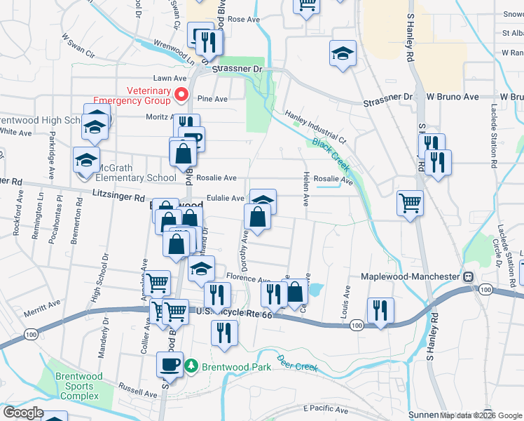 map of restaurants, bars, coffee shops, grocery stores, and more near 8645 Litzsinger Road in Brentwood