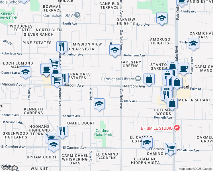 map of restaurants, bars, coffee shops, grocery stores, and more near 2941 Linden Lane in Carmichael