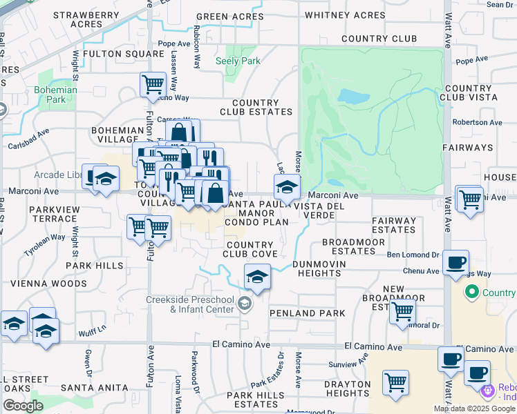map of restaurants, bars, coffee shops, grocery stores, and more near 2873 Santa Paula Court in Sacramento