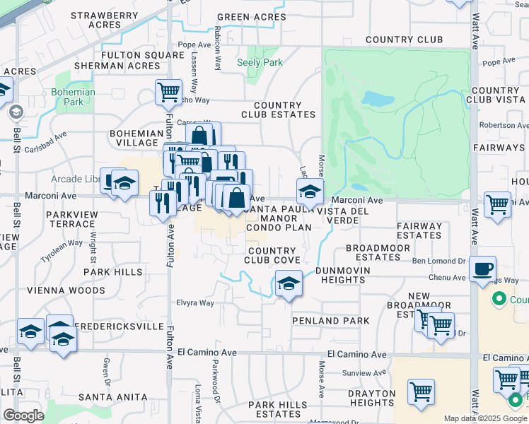 map of restaurants, bars, coffee shops, grocery stores, and more near 2873 Santa Paula Court in Sacramento