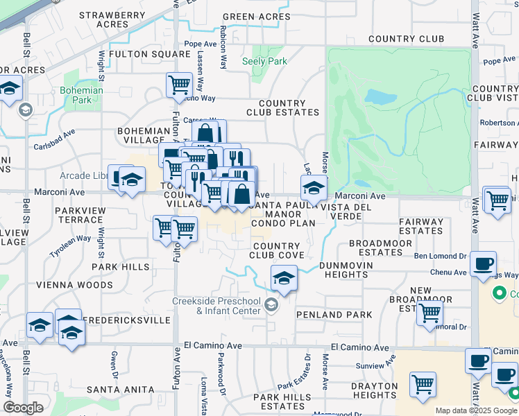 map of restaurants, bars, coffee shops, grocery stores, and more near 2850 Corabel Lane in Sacramento