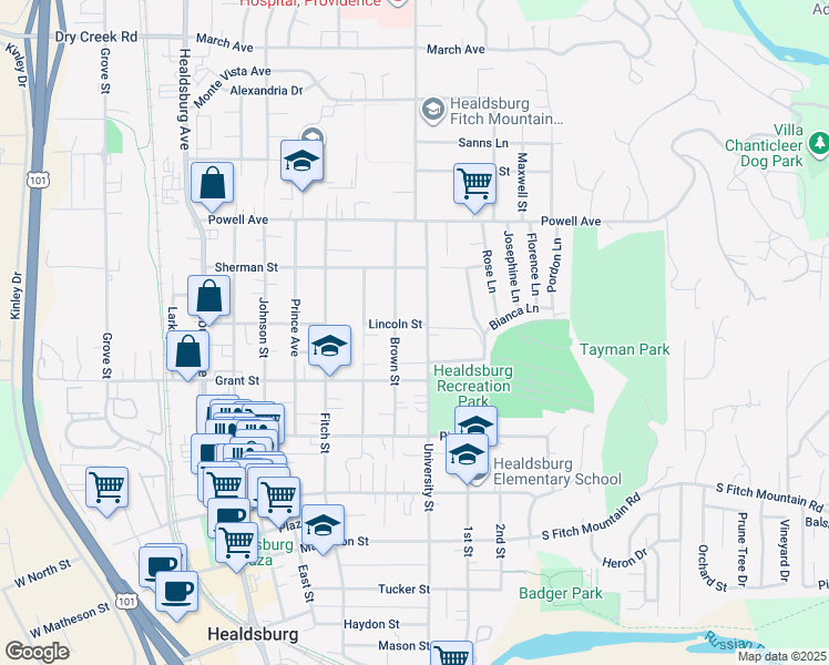 map of restaurants, bars, coffee shops, grocery stores, and more near 643 University Street in Healdsburg