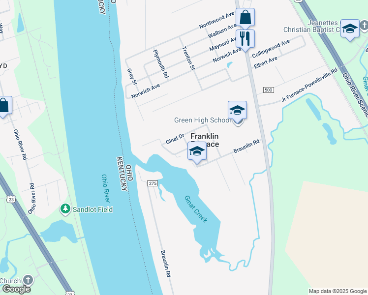 map of restaurants, bars, coffee shops, grocery stores, and more near 220 Orchard Drive in Franklin Furnace