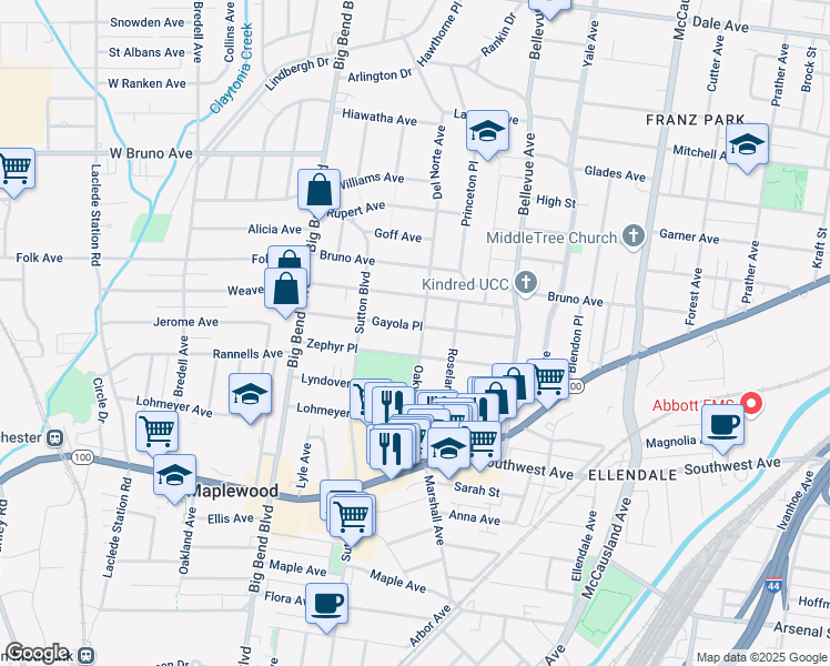 map of restaurants, bars, coffee shops, grocery stores, and more near 7322 Gayola Place in Maplewood