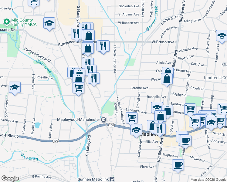 map of restaurants, bars, coffee shops, grocery stores, and more near 7828 Laclede Forest Drive in St. Louis