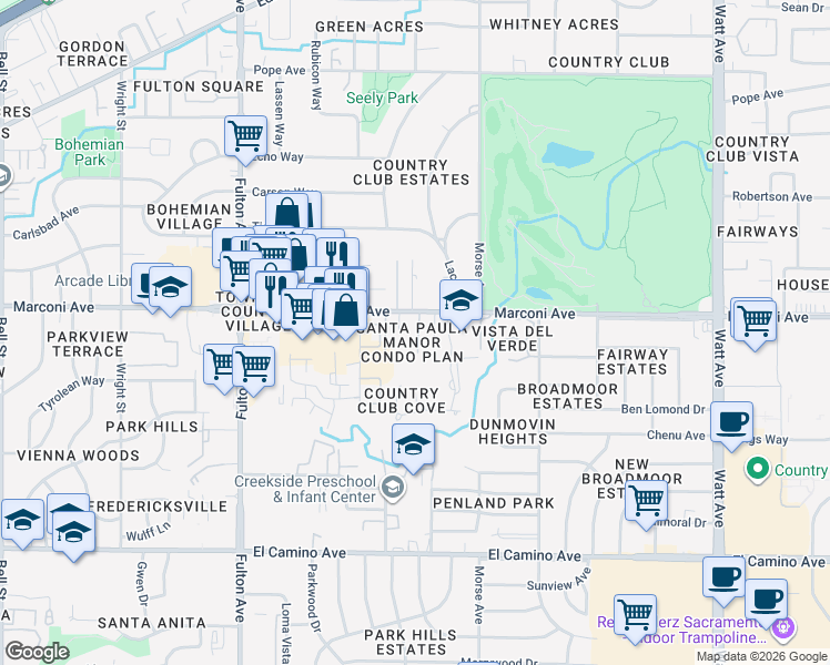 map of restaurants, bars, coffee shops, grocery stores, and more near 2873 Santa Paula Court in Sacramento