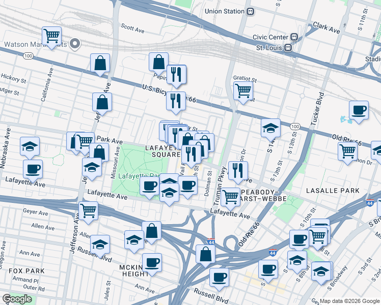 map of restaurants, bars, coffee shops, grocery stores, and more near 1812 Rutger Street in St. Louis