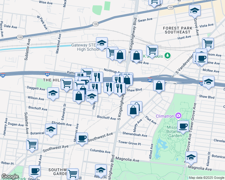 map of restaurants, bars, coffee shops, grocery stores, and more near 4940 Shaw Avenue in St. Louis