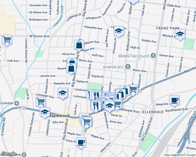 map of restaurants, bars, coffee shops, grocery stores, and more near 7322 Gayola Place in Maplewood