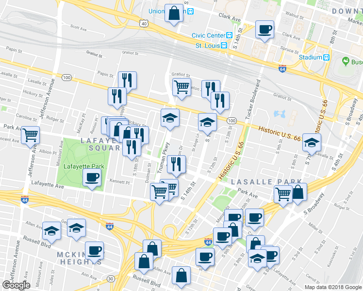 map of restaurants, bars, coffee shops, grocery stores, and more near 1212 Dillon Drive in St. Louis