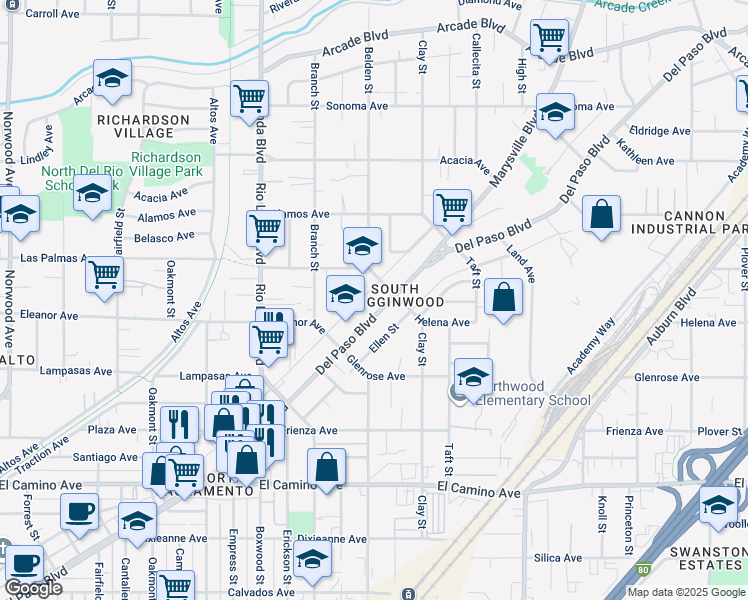 map of restaurants, bars, coffee shops, grocery stores, and more near 2753 Del Paso Boulevard in Sacramento