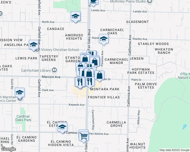 map of restaurants, bars, coffee shops, grocery stores, and more near 6404 Fair Oaks Boulevard in Carmichael