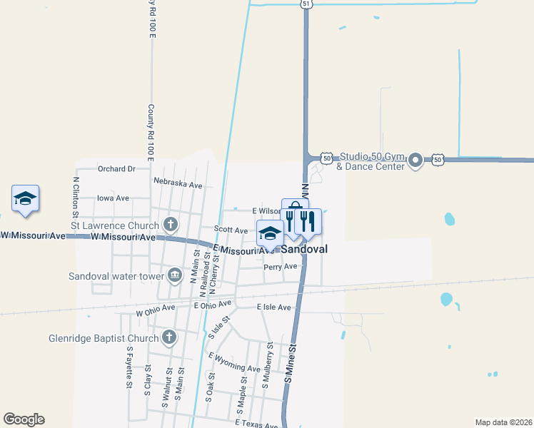 map of restaurants, bars, coffee shops, grocery stores, and more near 510 East Wilson Avenue in Sandoval