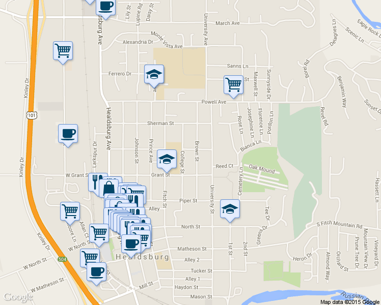 map of restaurants, bars, coffee shops, grocery stores, and more near 414 Lincoln Street in Healdsburg