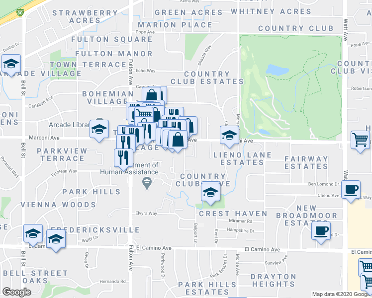 map of restaurants, bars, coffee shops, grocery stores, and more near 2850 Corabel Lane in Sacramento