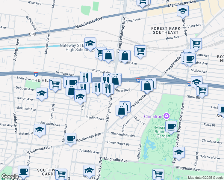 map of restaurants, bars, coffee shops, grocery stores, and more near 1827 South Kingshighway Boulevard in St. Louis