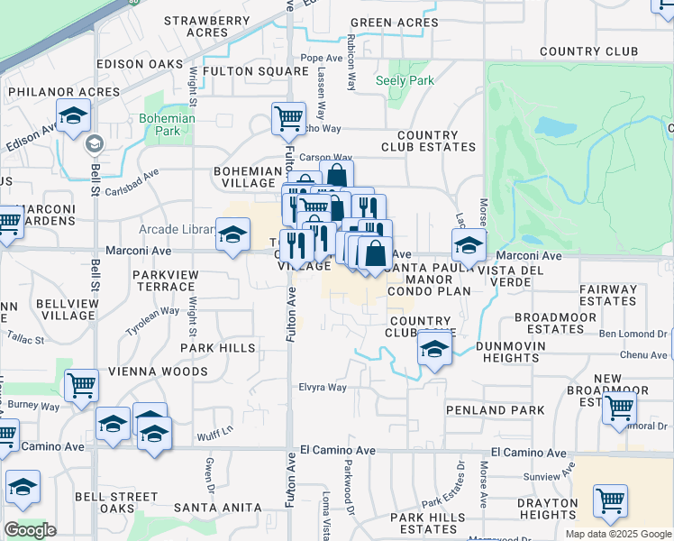 map of restaurants, bars, coffee shops, grocery stores, and more near 2660-2676 Marconi Avenue in Sacramento