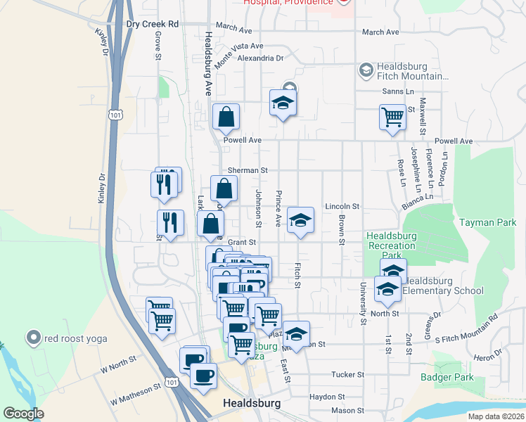 map of restaurants, bars, coffee shops, grocery stores, and more near 642 Johnson Street in Healdsburg