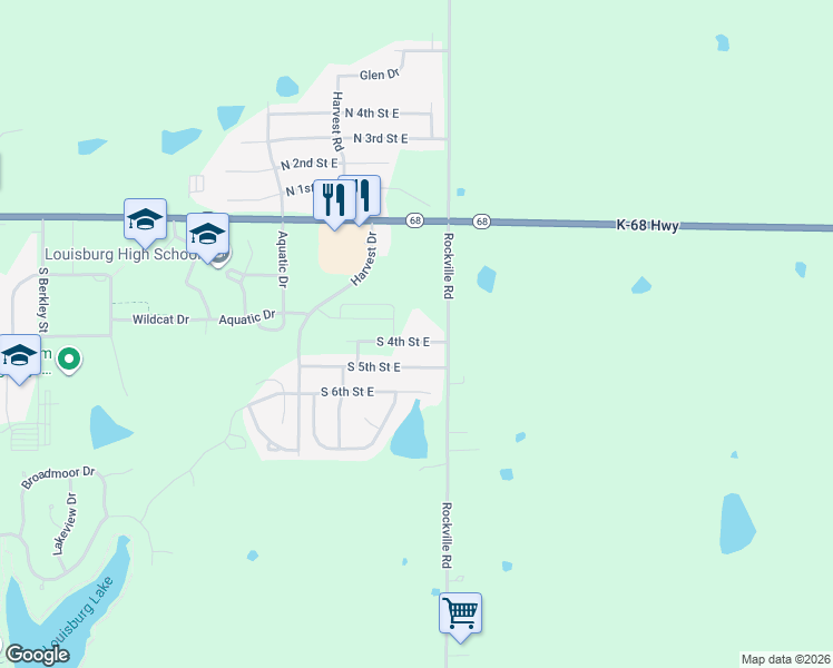 map of restaurants, bars, coffee shops, grocery stores, and more near 1500 South 4th Street East in Louisburg