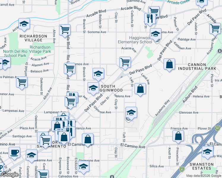 map of restaurants, bars, coffee shops, grocery stores, and more near 2800 Del Paso Boulevard in Sacramento