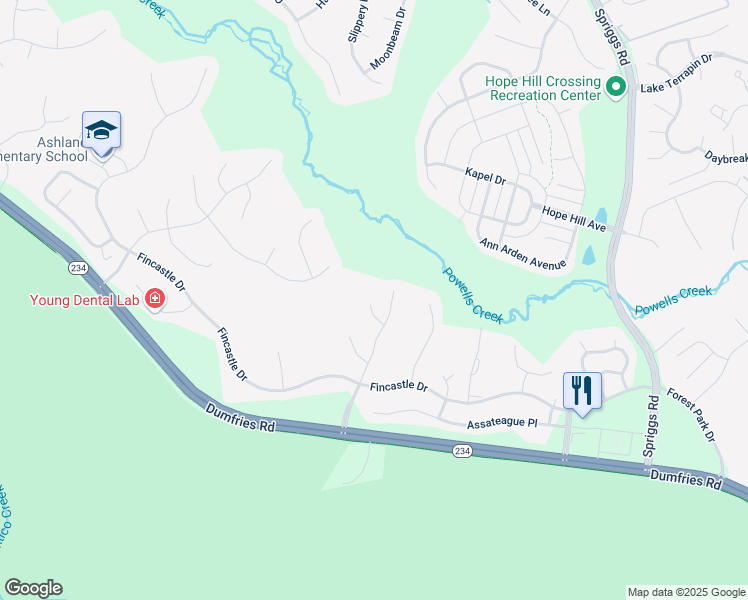 map of restaurants, bars, coffee shops, grocery stores, and more near 5850 Kittewan Court in Manassas