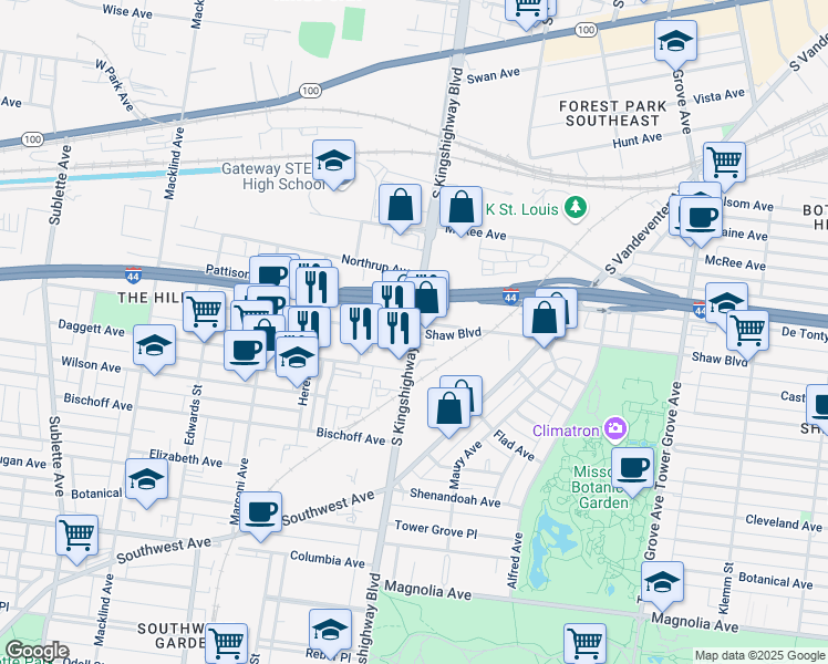 map of restaurants, bars, coffee shops, grocery stores, and more near 3951 Shaw Avenue in St. Louis