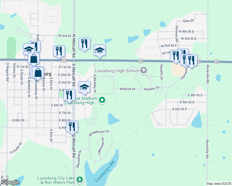 map of restaurants, bars, coffee shops, grocery stores, and more near 409 South Country Side Drive in Louisburg