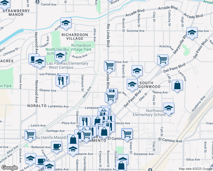map of restaurants, bars, coffee shops, grocery stores, and more near 892 Edgewood Avenue in Sacramento