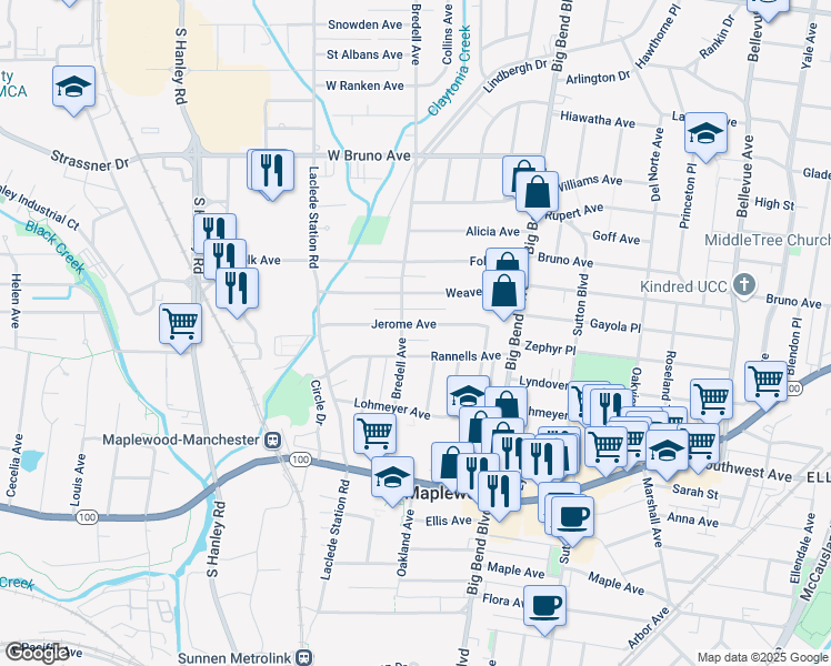 map of restaurants, bars, coffee shops, grocery stores, and more near 7632 Jerome Avenue in Maplewood