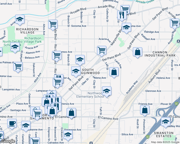 map of restaurants, bars, coffee shops, grocery stores, and more near 2800 Del Paso Boulevard in Sacramento
