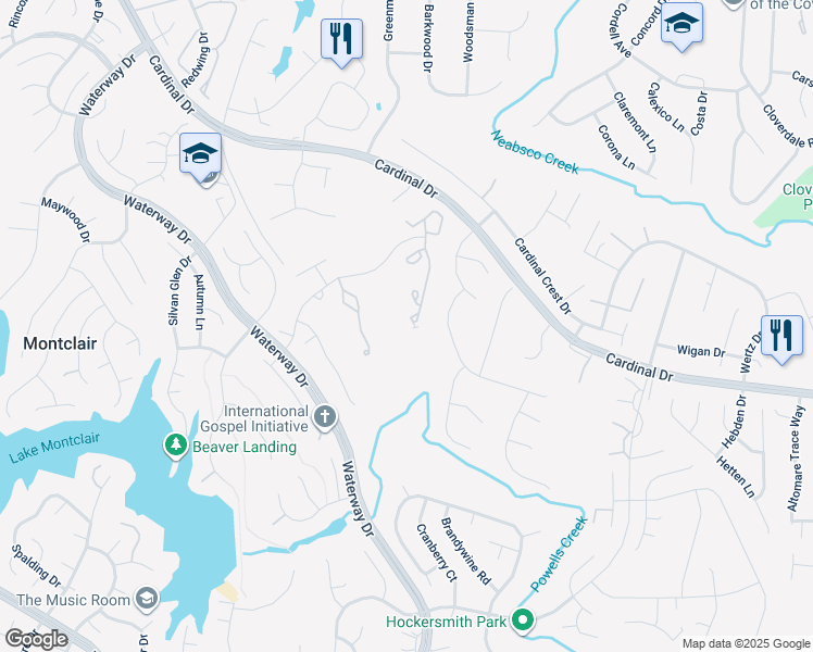 map of restaurants, bars, coffee shops, grocery stores, and more near 15472 Windsong Ln in Dumfries