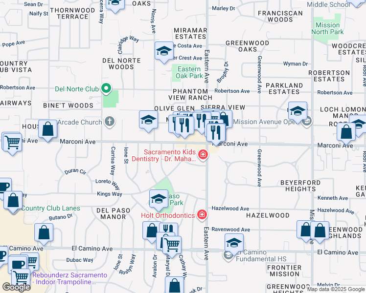 map of restaurants, bars, coffee shops, grocery stores, and more near 4200 Marconi Avenue in Sacramento