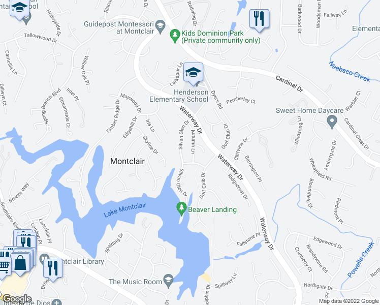 map of restaurants, bars, coffee shops, grocery stores, and more near 15420 Autumn Lane in Montclair