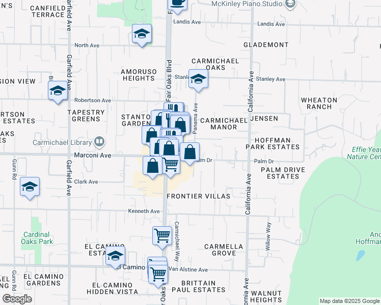 map of restaurants, bars, coffee shops, grocery stores, and more near 2910 Panama Avenue in Carmichael