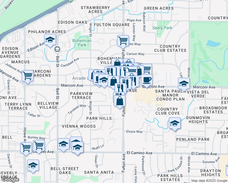 map of restaurants, bars, coffee shops, grocery stores, and more near 2500 Marconi Avenue in Sacramento