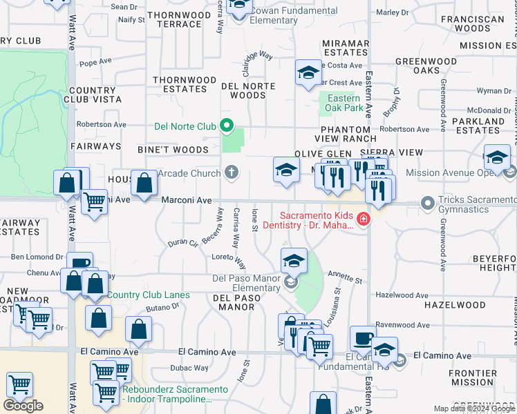 map of restaurants, bars, coffee shops, grocery stores, and more near 2856 Ione Street in Sacramento